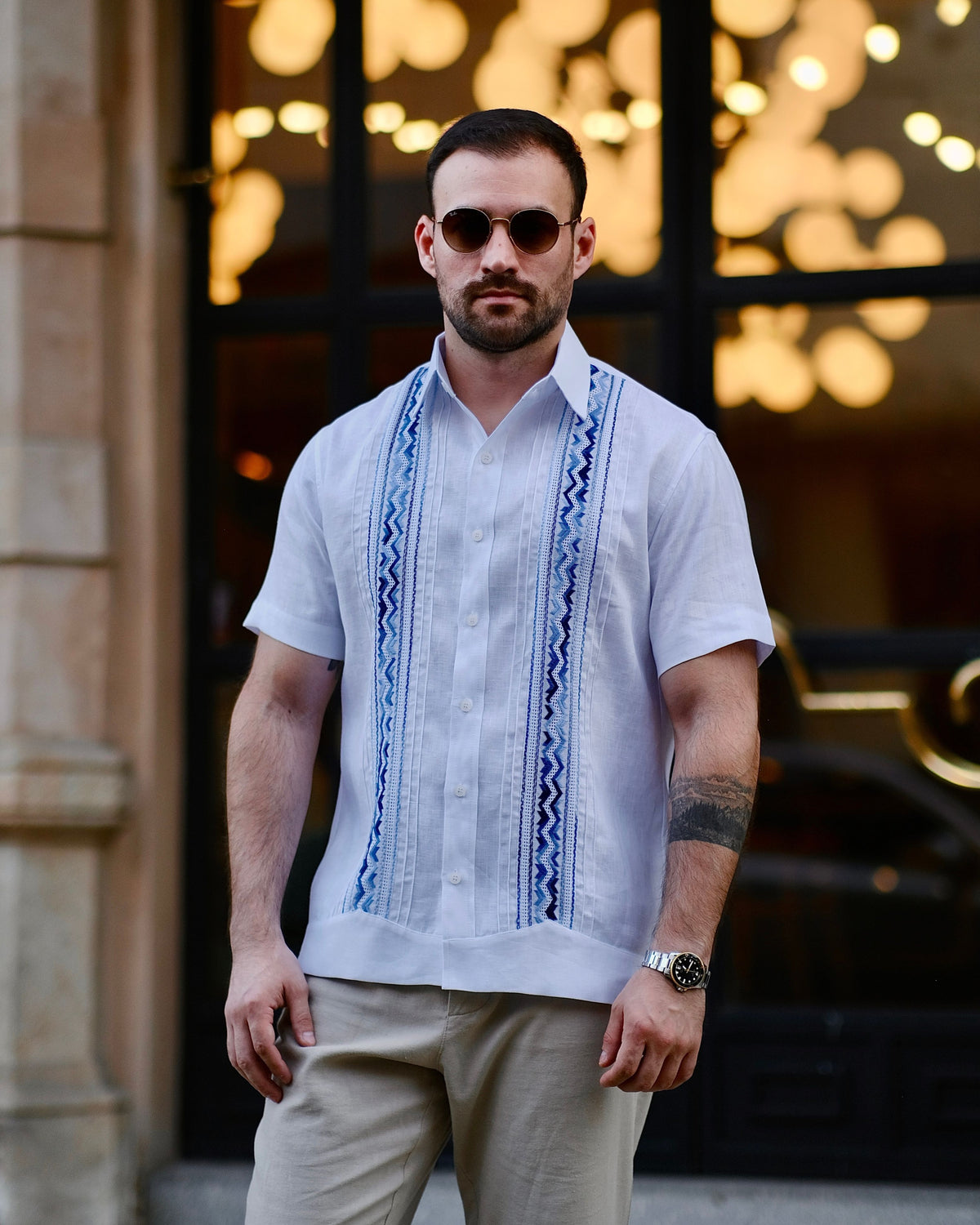 Guayabera Lino Azul Matizado