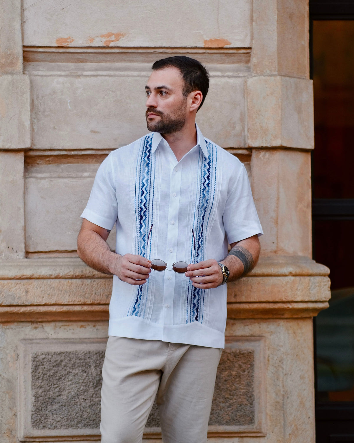 Guayabera Lino Azul Matizado