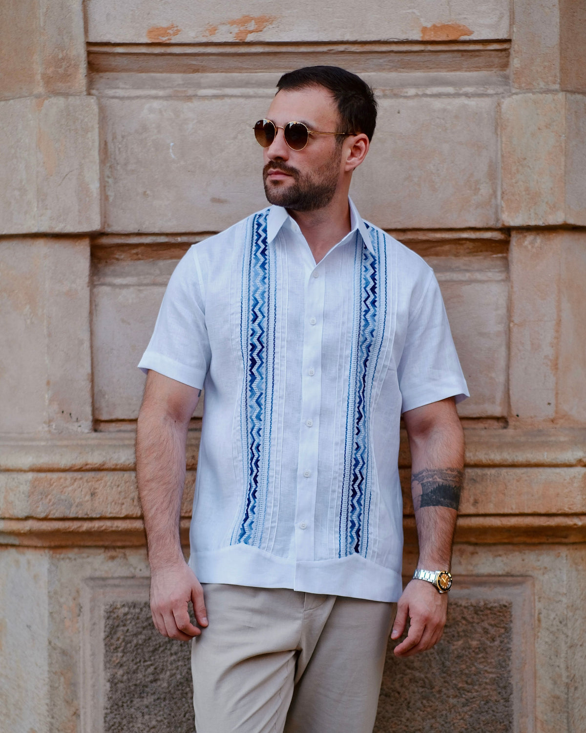 Guayabera Lino Azul Matizado